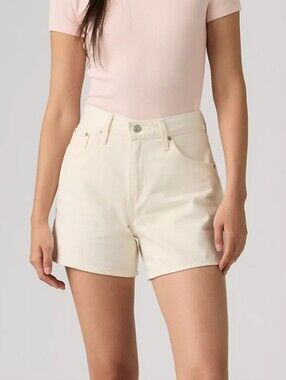 Levi Size 32: Cinch Mid Thigh High-Rise Adjustable Waist Cream Denim Shorts